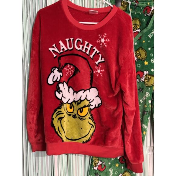 Unisex Grinch Pajama Set, “Naughty” Red Sweatshirt, Green Pants, Large - Picture 2 of 7